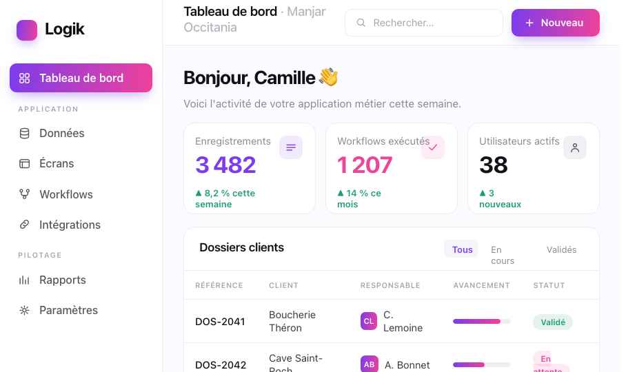 Interface de Logik — tableau de bord no-code