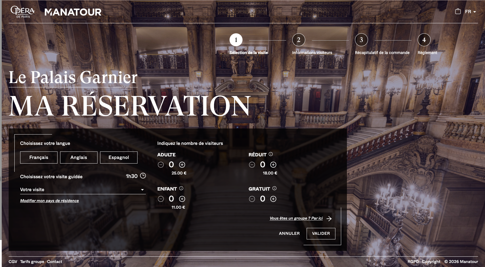 Plateforme de réservation en ligne Manatour éditée par Strategin — tunnel de billetterie pour les visites guidées du Palais Garnier (sélection de la visite, langue, nombre de visiteurs et tarifs)
